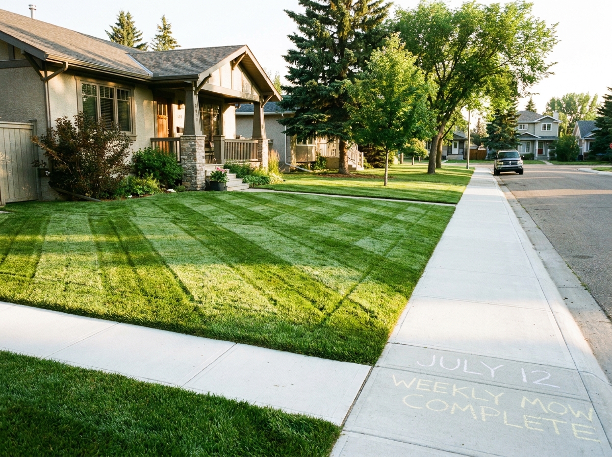 A skid steer mid-excavation in an Edmonton backyard with a crew member operating, freshly dug soil, new property line marked, residential landscape project, summer morning